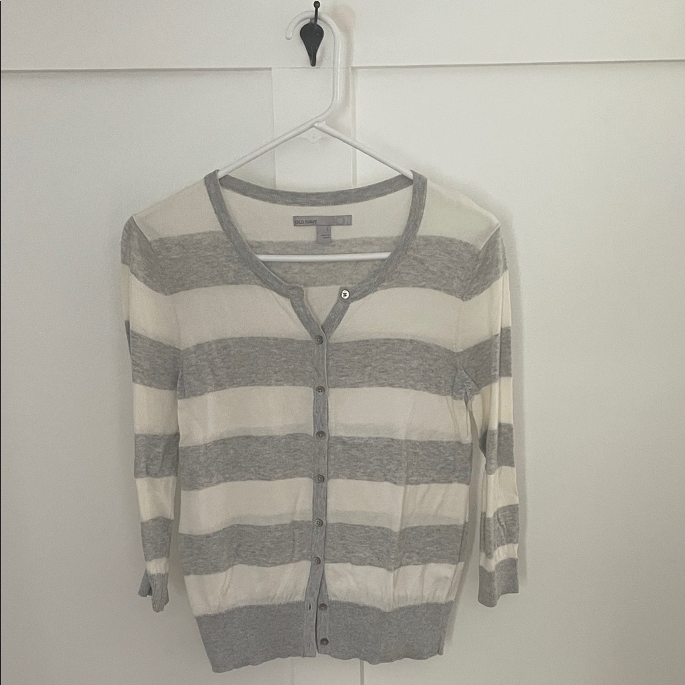 Old Navy Light Gray and White Button-Up Cardigan